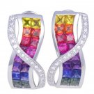 Multicolor Rainbow Sapphire & Diamond Designer Invisible Set Earrings 14K White Gold (6.33ct tw)