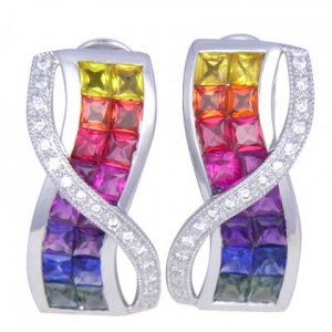 Multicolor Rainbow Sapphire & Diamond Designer Invisible Set Earrings 14K White Gold (6.33ct tw)