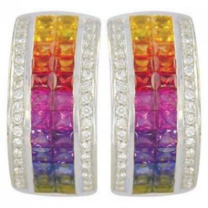 Rainbow Sapphire & Diamond Invisible Set Huggie Earrings 14K WG (8.75ct tw) SKU: 1534-14K-WG
