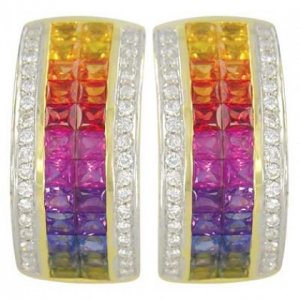 Rainbow Sapphire & Diamond Invisible Set Huggie Earrings 14K YG (8.75ct tw) SKU: 1534-14K-YG