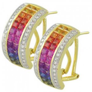 Rainbow Sapphire & Diamond Invisible Set Huggie Earrings 18K YG (8.75ct tw) SKU: 1534-18K-YG