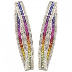 Rainbow Sapphire & Diamond Inside Out Hoop Earrings 14K White Gold (7.8ct tw) SKU: 1608-14K-WG