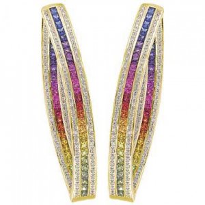 Rainbow Sapphire & Diamond Inside Out Hoop Earrings 14K Yellow Gold (7.8ct tw) SKU: 1608-14K-YG