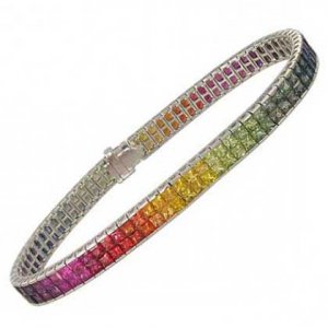 Rainbow Sapphire Double Row Invisible Set Tennis Bracelet 18K White Gold (20ct tw) SKU: 410-18K-WG