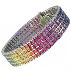 Rainbow Sapphire Channel Set 4 Row Tennis Bracelet 18K White Gold (40ct tw) SKU: 1572-18K-WG