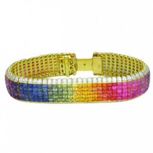 Rainbow Sapphire & Diamond Invisible Set 5 Row Tennis Bracelet 18K YG (66.32ctw) SKU: 467-18K-YG