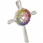 Rainbow Sapphire Heart Crucifix Religious Pendant 925 Sterling SIlver (0.6ct tw) SKU: 1573-925