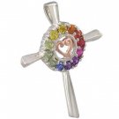 Rainbow Sapphire Heart Crucifix Religious Pendant 18K White Gold (0.6ct tw) SKU: 1573-18K-WG