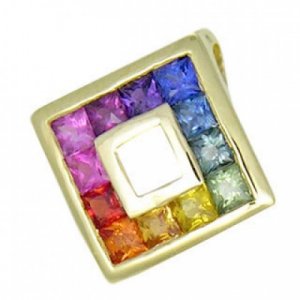 Rainbow Sapphire Small Square Pendant 18K Yellow Gold (3/4ct tw) SKU: 436-18K-YG