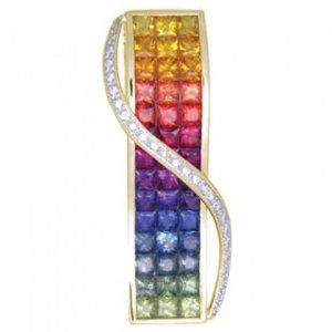 Rainbow Sapphire & Diamond Invisible Set Pendant 18K Yellow Gold (8.28ct tw) SKU: 472-18K-YG