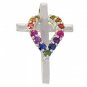 Rainbow Sapphire Heart on Cross Pendant 18K White Gold (3/4ct tw) SKU: 1463-18K-WG