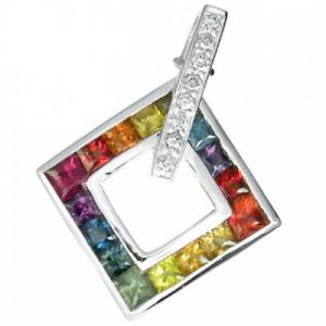 Rainbow Sapphire & Diamond Large Square Pendant 18K White Gold (1.37ct tw) SKU: 431-18K-WG