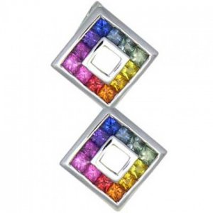 Rainbow Sapphire Double Small Square Pendant 14K White Gold (1.5ct tw) SKU: 525-14K-WG