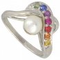 Multicolor Rainbow Sapphire & Pearl Classic Ring 14K White Gold (1/4ct tw) SKU: 1604-14K-WG