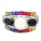 Rainbow Sapphire & Pearl with Blue Sapphire Cluster Ring 925 Sterling Silver (3ct tw) SKU: 1429-925