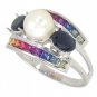 Rainbow Sapphire & Pearl with Blue Sapphire Cluster Ring 925 Sterling Silver (3ct tw) SKU: 1429-925