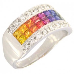 Rainbow Sapphire & Diamond Invisible Set Band Ring 18K White Gold (2.25ct tw) SKU: 1494-18K-WG