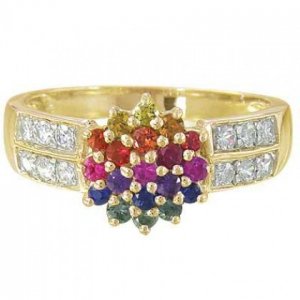 Rainbow Sapphire & Diamond Classic Womens Ring 14K Yellow Gold (0.69ct tw) SKU: 1592-14K-YG