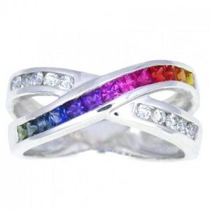 Multicolor Rainbow Sapphire & Diamond Crossover Ring 14K White Gold (1.5ct tw) SKU: 398-14K-WG