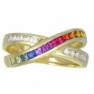 Multicolor Rainbow Sapphire & Diamond Crossover Ring 14K Yellow Gold (1.5ct tw) SKU: 398-14K-YG