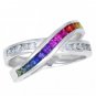 Multicolor Rainbow Sapphire & Diamond Crossover Ring 18K White Gold (1.5ct tw) SKU: 398-18K-WG