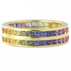 Multicolor Rainbow Sapphire Double Row Eternity Ring 14K Yellow Gold (8ct tw) SKU: 387-14K-YG