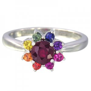 Multicolor Rainbow Sapphire & Ruby Cluster Ring 14K White Gold (1.23ct tw) SKU: 1549-14K-WG