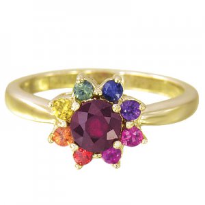 Multicolor Rainbow Sapphire & Ruby Cluster Ring 14K Yellow Gold (1.23ct tw) SKU: 1549-14K-YG