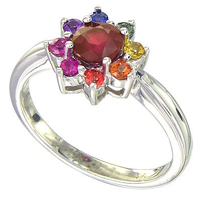 Multicolor Rainbow Sapphire & Ruby Cluster Ring 925 Sterling Silver(1.23ct tw) SKU: 1549-925