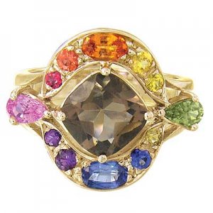 Rainbow Sapphire & Smoky Quartz Multi Shape Ring 14K Yellow Gold (3.74ct tw) SKU: 1575-14K-YG