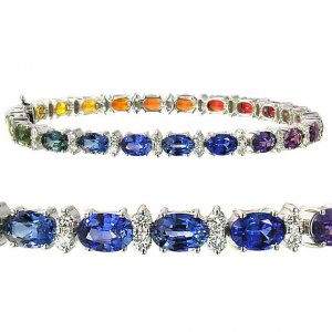 Multicolor Rainbow Sapphire & Diamond 6x4mm Tennis Bracelet 18K White Gold (14ct tw)