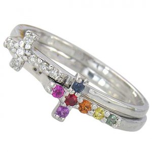 Multicolor Rainbow Sapphire & Diamond Cross Rings 2 Piece Set 925 Sterling Silver SKU: 1826-925