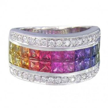 Rainbow Sapphire & Diamond Invisible Set Band Ring 14K White Gold (4.3ct tw) SKU: 1532-14K-WG