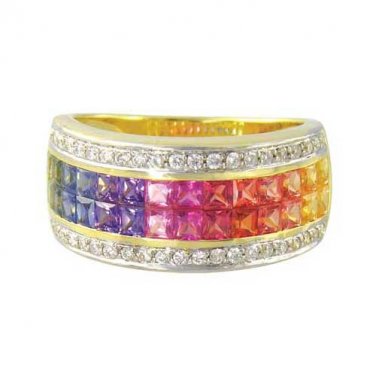 Rainbow Sapphire & Diamond Invisible Set Band Ring 14K Yellow Gold (4 ...