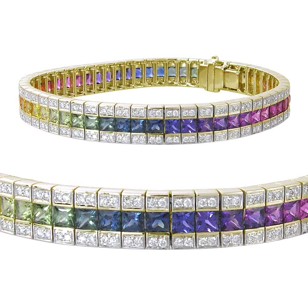 Rainbow Sapphire & Diamond Tennis Bracelet 18K Yellow Gold (14ct tw
