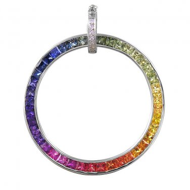 Rainbow Sapphire & Diamond X-Large Circle Pendant 14K White Gold (5.5ct tw)