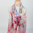 High Quality Digitally Painted Long Silk Satin Scarf Pink Theme Flower Pattern DCC006