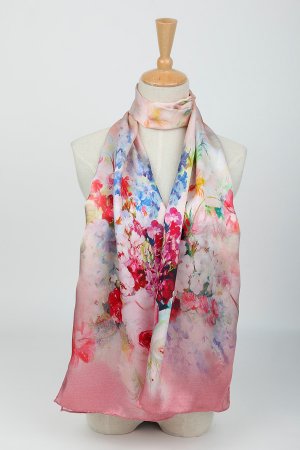 High Quality Digitally Painted Long Silk Satin Scarf Pink Theme Flower Pattern DCC006