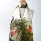 High Quality Digitally Painted Long Silk Satin Scarf Ivory and Green Theme Floral Pattern DCC018