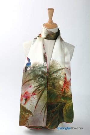 High Quality Digitally Painted Long Silk Satin Scarf Ivory and Green Theme Floral Pattern DCC018