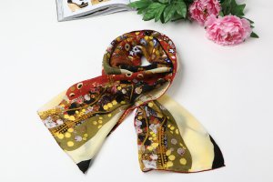 Long Silk Crepe Satin Oblong Scarf Ivory and Green Classic Painting LSZ004
