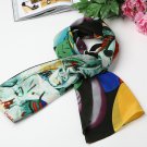 Long Silk Crepe Satin Oblong Scarf Black and Green Classic Painting Print LSZ005