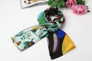 Long Silk Crepe Satin Oblong Scarf Black and Green Classic Painting Print LSZ005
