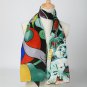 Long Silk Crepe Satin Oblong Scarf Black and Green Classic Painting Print LSZ005