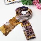 Long Silk Crepe Satin Oblong Scarf Gold and Violet Classic Painting Print LSZ006