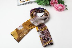 Long Silk Crepe Satin Oblong Scarf Gold and Violet Classic Painting Print LSZ006