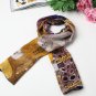 Long Silk Crepe Satin Oblong Scarf Gold and Violet Classic Painting Print LSZ006