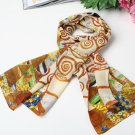 Long Silk Crepe Satin Oblong Scarf White and Brown Classic Painting Print LSZ007