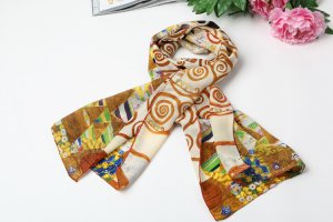 Long Silk Crepe Satin Oblong Scarf White and Brown Classic Painting Print LSZ007