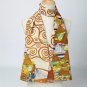Long Silk Crepe Satin Oblong Scarf White and Brown Classic Painting Print LSZ007